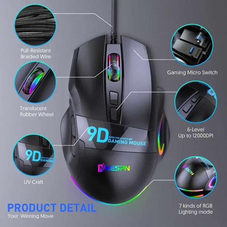 MKESPN X10 9 鍵 RGB 有線全速巨集定義遊戲滑鼠，全速巨集定義