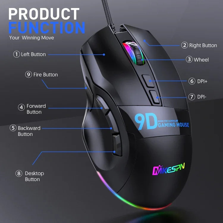 MKESPN X10 9 鍵 RGB 有線全速巨集定義遊戲滑鼠，全速巨集定義