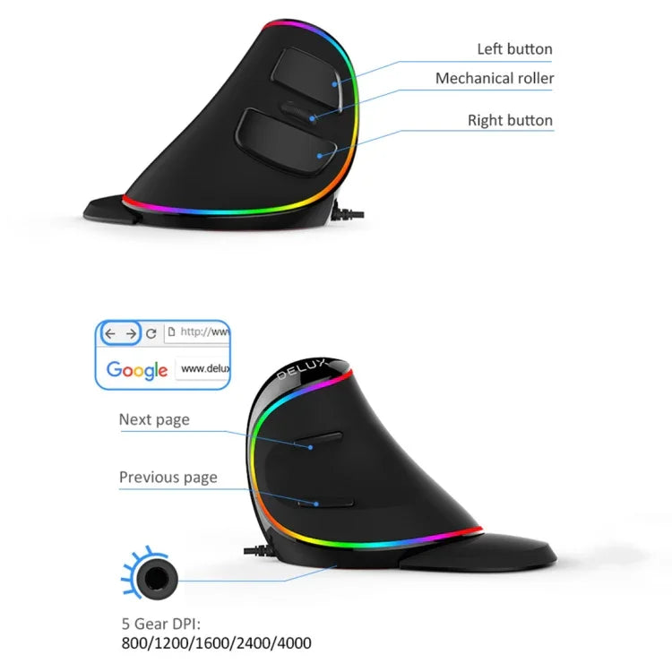 DELUX M618 Plus RGB 有線光學滑鼠 人體工學垂直滑鼠 4000DPI，有線4000DPI