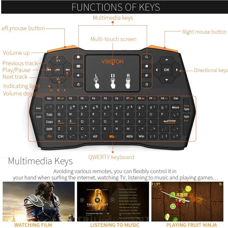 VIBOTON i8 Plus 升級版 2.4GHz QWERTY 迷你無線鍵盤，帶觸控板，適用於 TV Box、Mi Box、電腦、平板、筆記型電腦及投影機（黑色），無線鍵盤