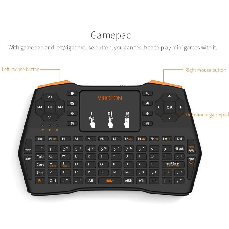 VIBOTON i8 Plus 升級版 2.4GHz QWERTY 迷你無線鍵盤，帶觸控板，適用於 TV Box、Mi Box、電腦、平板、筆記型電腦及投影機（黑色），無線鍵盤