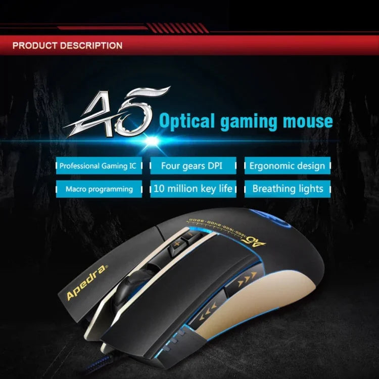 Apedra iMICE A5 高精度遊戲滑鼠，LED 四色呼吸燈控制，USB 7 鍵，3200 DPI 有線光學遊戲滑鼠，適用電腦、PC、筆記型電腦，iMICE A5