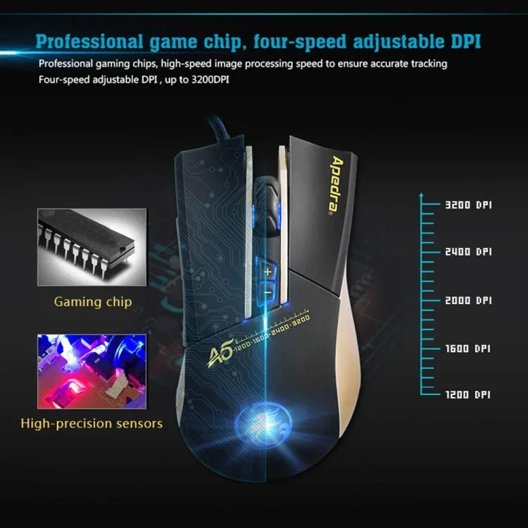 Apedra iMICE A5 高精度遊戲滑鼠，LED 四色呼吸燈控制，USB 7 鍵，3200 DPI 有線光學遊戲滑鼠，適用電腦、PC、筆記型電腦，iMICE A5