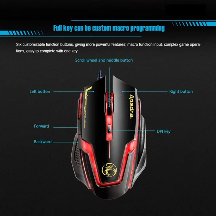 Apedra iMICE A9 高精度遊戲滑鼠，LED 四色呼吸燈控制，USB 6 鍵，3200 DPI 有線光學遊戲滑鼠，適用電腦、PC、筆記型電腦，iMICE A9