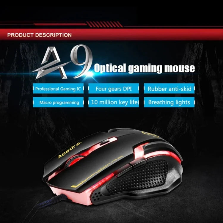Apedra iMICE A9 高精度遊戲滑鼠，LED 四色呼吸燈控制，USB 6 鍵，3200 DPI 有線光學遊戲滑鼠，適用電腦、PC、筆記型電腦，iMICE A9