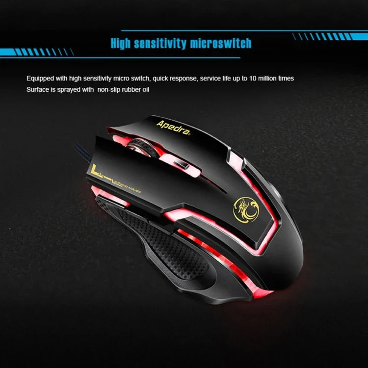 Apedra iMICE A9 高精度遊戲滑鼠，LED 四色呼吸燈控制，USB 6 鍵，3200 DPI 有線光學遊戲滑鼠，適用電腦、PC、筆記型電腦，iMICE A9