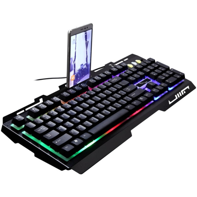 ZGB G700 104 鍵 USB 有線機械手感發光金屬面板懸浮式遊戲鍵盤，附手機支架