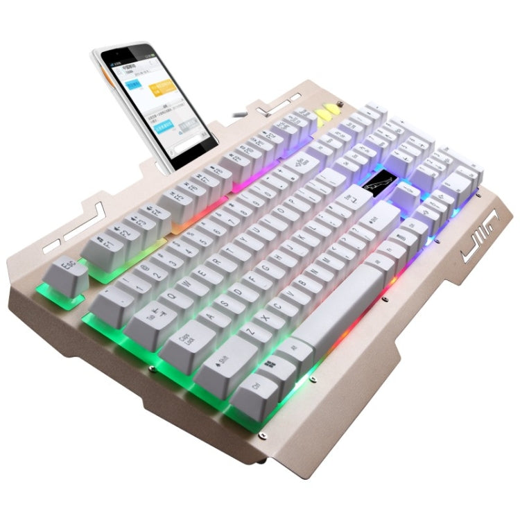 ZGB G700 104 鍵 USB 有線機械手感發光金屬面板懸浮式遊戲鍵盤，附手機支架