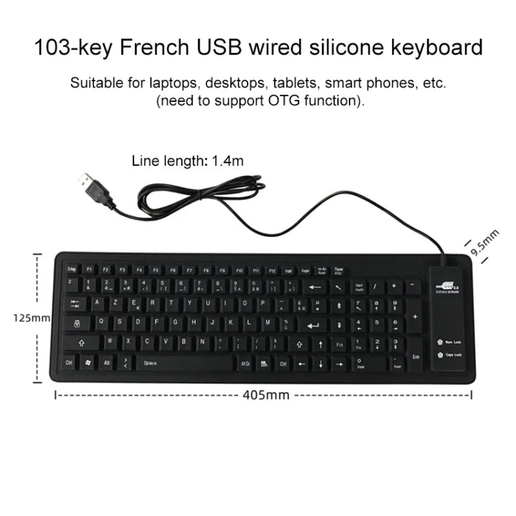 103鍵法語 USB 有線矽膠防水鍵盤，桌面筆記型電腦鍵盤，線長：1.5米