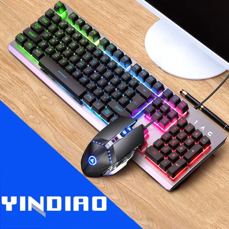 YINDIAO K002 USB 有線機械手感 RGB 背光鍵盤 + 光學靜音滑鼠套裝，RGB 背光 / 靜音 / 黑色，RGB 背光 / 白色