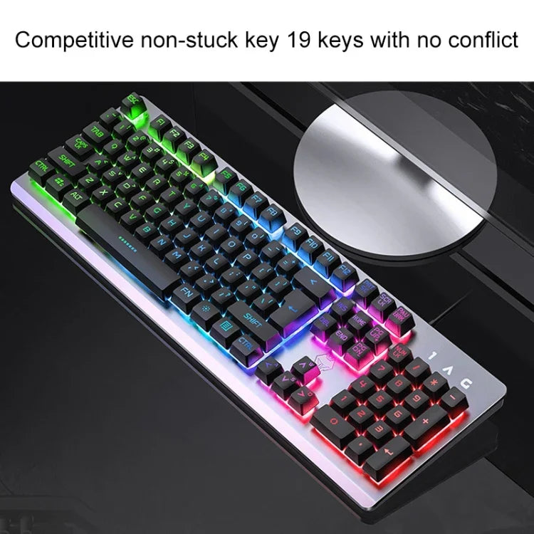 YINDIAO K002 USB 有線機械手感 RGB 背光鍵盤 + 光學靜音滑鼠套裝，RGB 背光 / 靜音 / 黑色，RGB 背光 / 白色