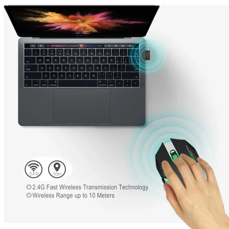 HXSJ M10 2.4GHz 6鍵USB可充電彩色燈光人體工學2400DPI無線光學遊戲滑鼠，適用桌上型電腦，M10