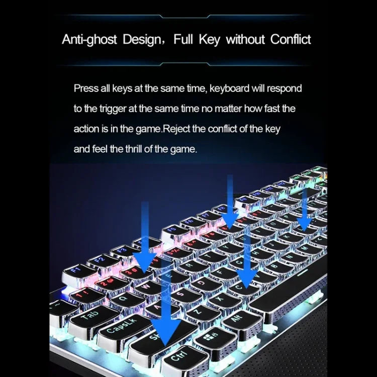 AULA F2088 108鍵混光電鍍朋克機械藍軸有線 USB 遊戲鍵盤，金屬按鍵，藍軸銀色