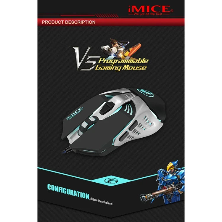 iMICE V5 USB 7鍵 4000 DPI 有線光學彩色背光遊戲滑鼠，適用電腦筆電，V5（白色）