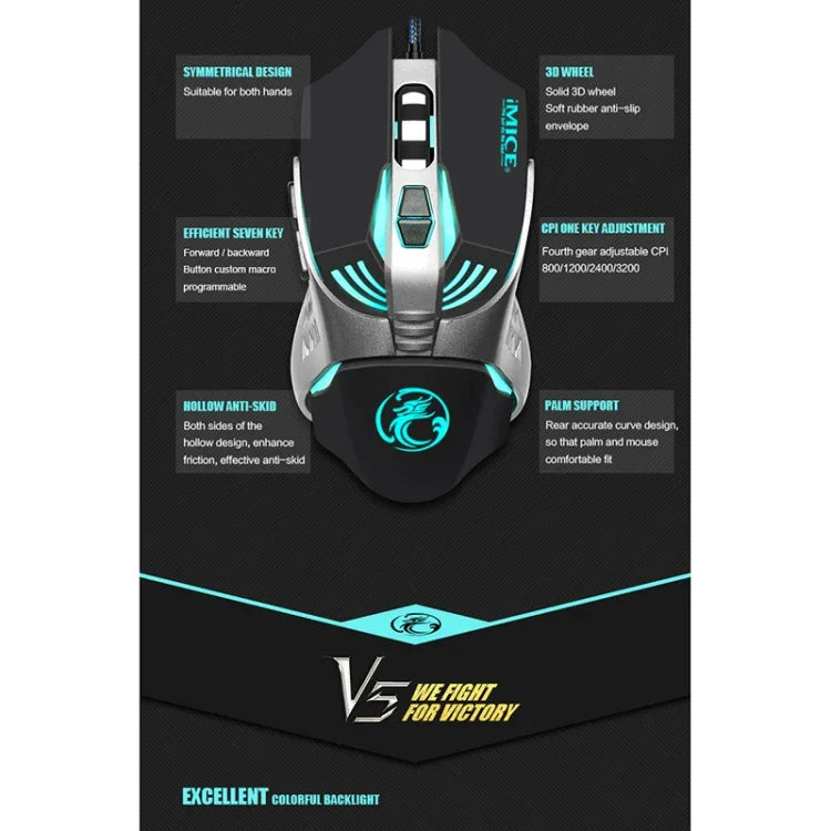 iMICE V5 USB 7鍵 4000 DPI 有線光學彩色背光遊戲滑鼠，適用電腦筆電，V5（白色）