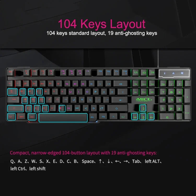 iMICE AK-600 有線 USB 浮動鍵帽字元發光背光遊戲鍵盤，發光背光（黑色）