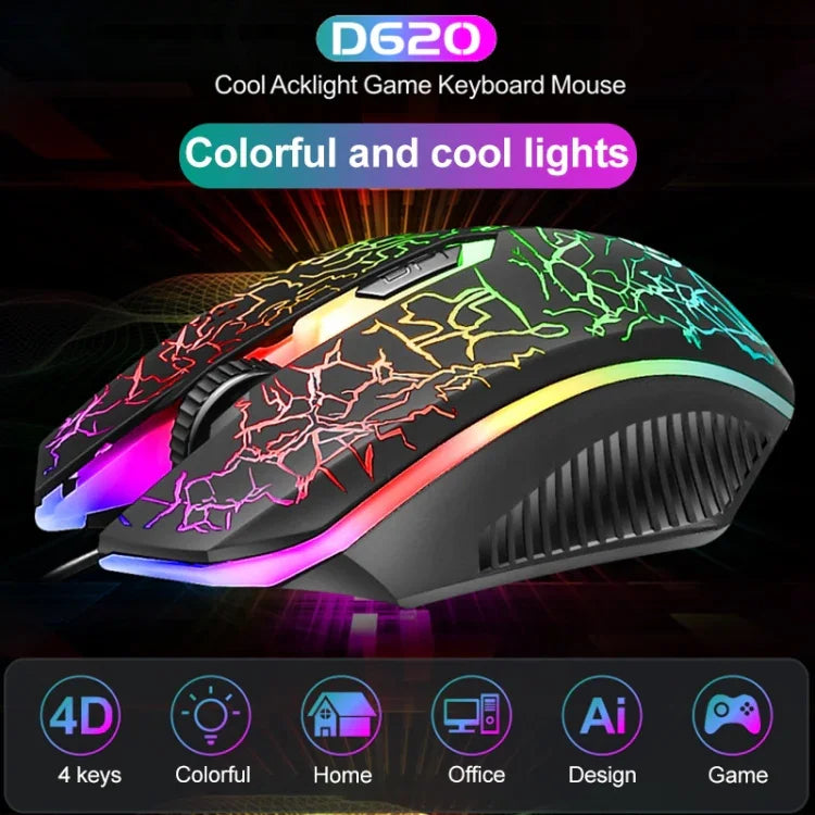 SHIPADOO D620 104鍵有線 RGB 彩色裂紋背光遊戲鍵盤滑鼠套裝，適用筆電、PC