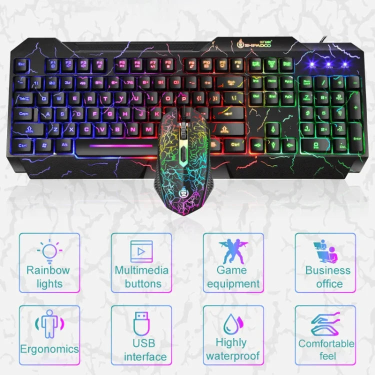 SHIPADOO D620 104鍵有線 RGB 彩色裂紋背光遊戲鍵盤滑鼠套裝，適用筆電、PC