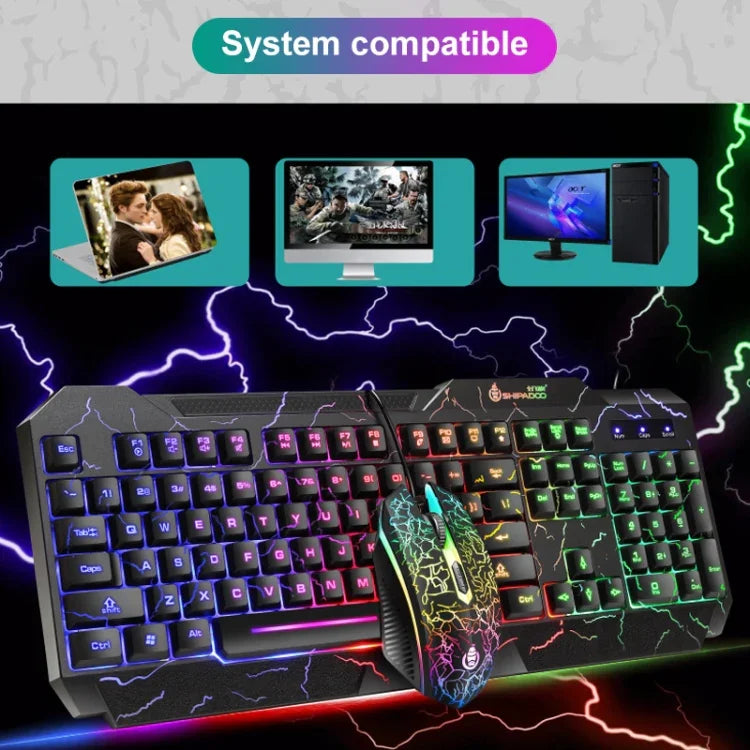 SHIPADOO D620 104鍵有線 RGB 彩色裂紋背光遊戲鍵盤滑鼠套裝，適用筆電、PC