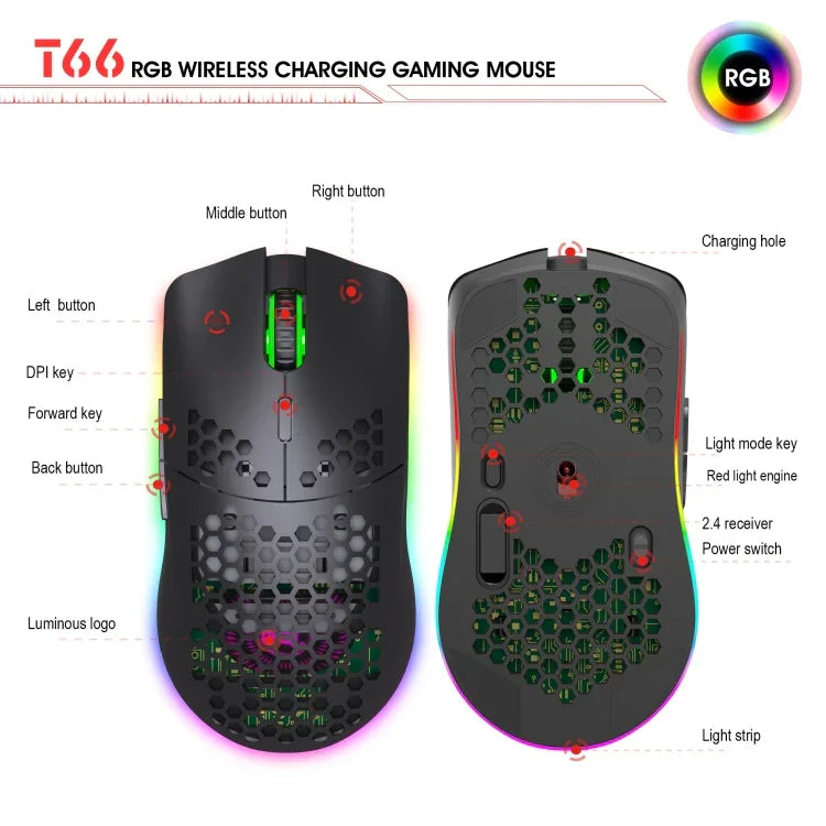 HXSJ T66 7鍵彩色燈光可編程遊戲無線滑鼠，T66（白色）