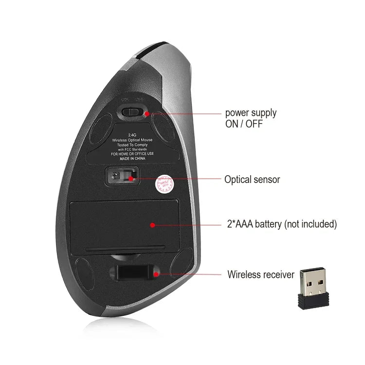 HXSJ T24 6鍵 2400 DPI 2.4G 無線垂直人體工學滑鼠帶 USB 接收器，6鍵 T24 黑色，6鍵 T24 灰色