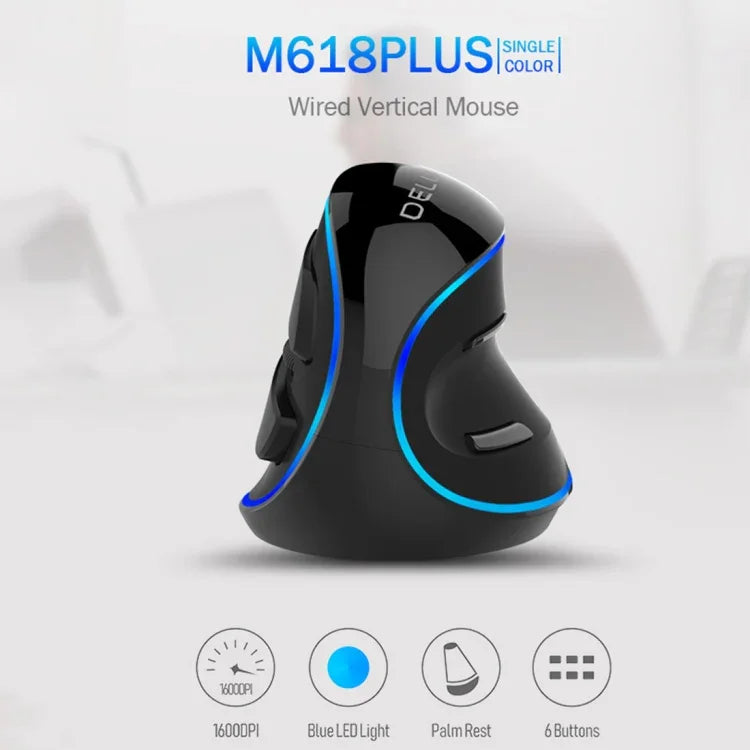 DELUX M618 Plus 有線藍色版光學滑鼠 人體工學垂直滑鼠 1600DPI，有線 1600DPI