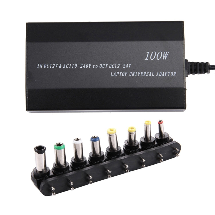 筆記型電腦 100W 通用充電器，附車用充電器、交流電源適配器、8款電源轉接頭及1個 USB 埠，適用 Samsung、Sony、Asus、Acer、IBM、HP、DELL，美規插頭