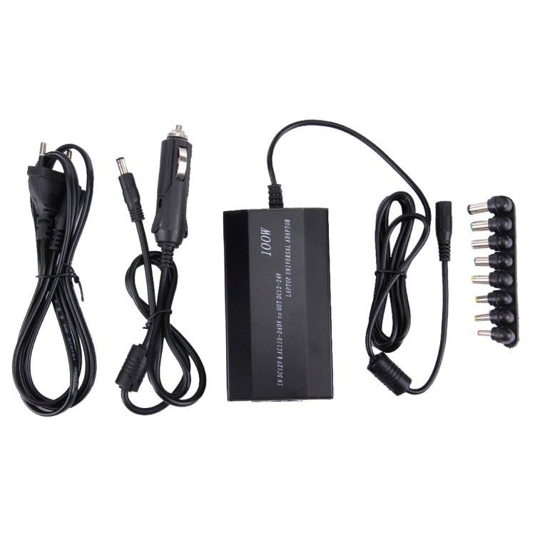 筆記型電腦 100W 通用充電器，附車用充電器、交流電源適配器、8款電源轉接頭及1個 USB 埠，適用 Samsung、Sony、Asus、Acer、IBM、HP、DELL，美規插頭