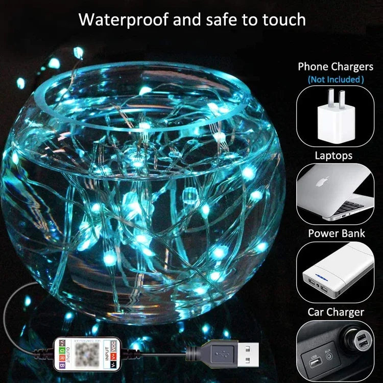 聖誕裝飾RGB銅線燈串 藍牙手機APP控制，長度：10米 100顆LED，10米 100顆LED