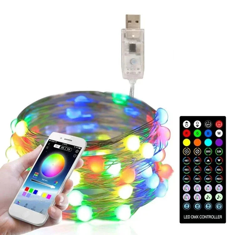 聖誕裝飾USB銅線燈串 遙控器及藍牙手機APP控制，長度：20米 200顆LED，遙控器及APP控制，長度：20米 200顆LED