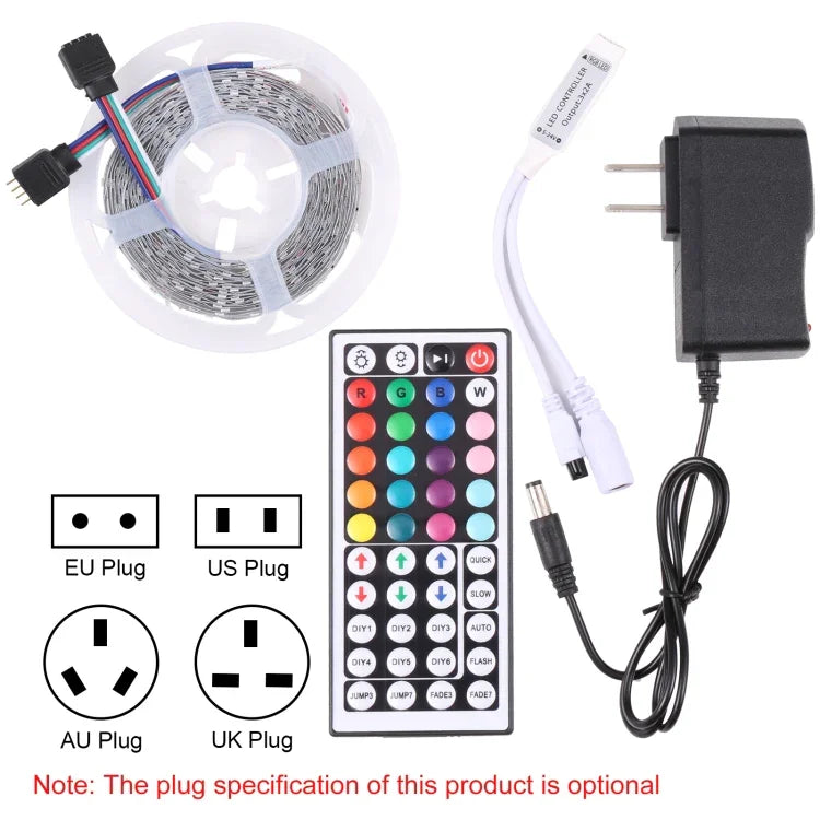 裸板2835 SMD RGB LED燈繩，60顆LED/米，長度：5米，12V 2A 100-240V，帶44鍵遙控器，2835 SMD RGB LED，5米，帶44鍵遙控器