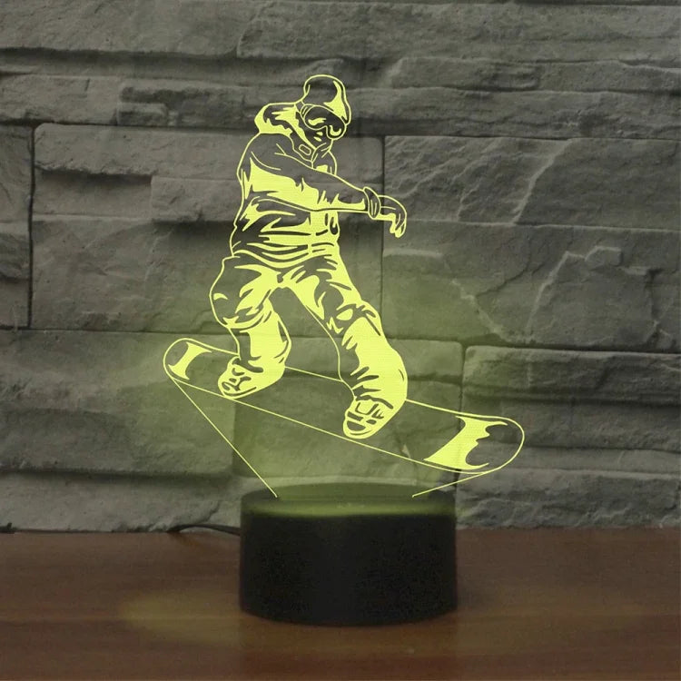滑板男孩造型 3D 彩色 LED 視覺燈桌燈，充電觸控版，充電觸控版