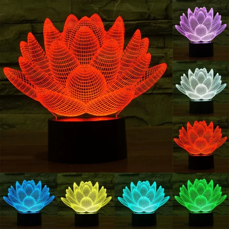 7色變色創意視覺立體燈桌燈夜燈，蓮花款式
