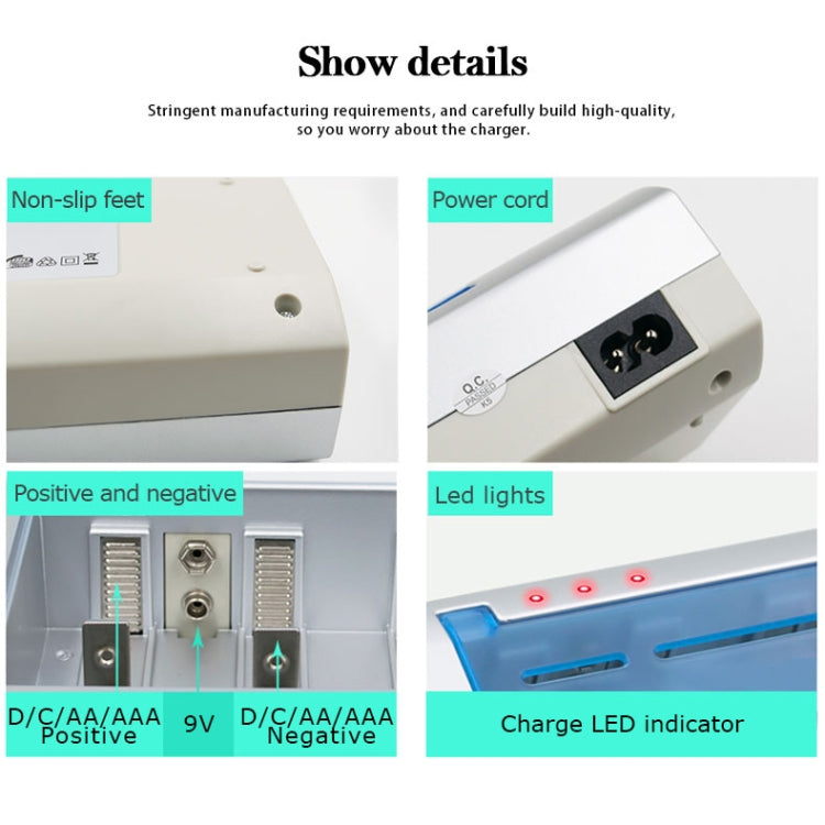 AC 100-240V 四槽電池充電器，適用 AA、AAA 及 C / D 電池，歐規插頭