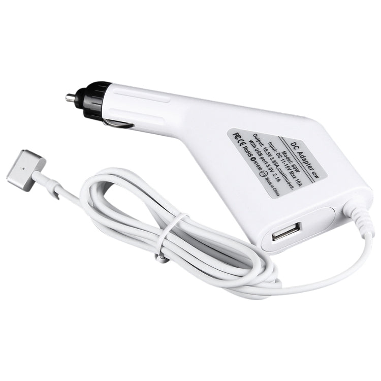 60W 16.5V 3.65A 5針 T型 MagSafe 2 車用充電器，帶1個 USB 埠，適用於 Apple MacBook A1465 / A1502 / A1435 / MD212 / MD2123 / MD662，長度：1.7米