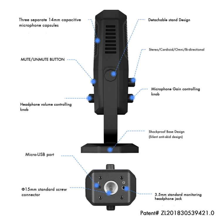Yanmai SF-900 多功能四指向錄音室錄音電容麥克風附桌面支架