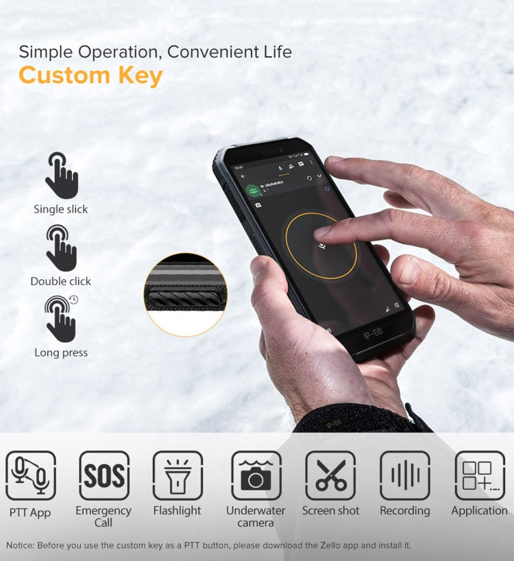 IP68/IP69K 防水防塵防震，臉部識別，4000mAh 電池，5.0 吋 Android 9.0 MTK6580A/W 四核心最高 1.3GHz，網路：3G，Armor X6 2GB+16GB