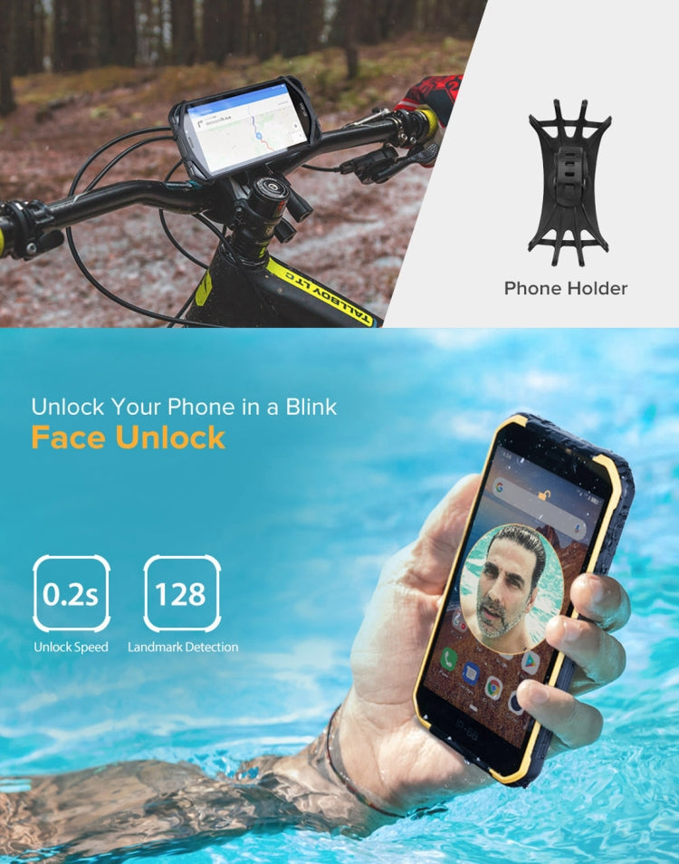 IP68/IP69K 防水防塵防震，臉部識別，4000mAh 電池，5.0 吋 Android 9.0 MTK6580A/W 四核心最高 1.3GHz，網路：3G，Armor X6 2GB+16GB