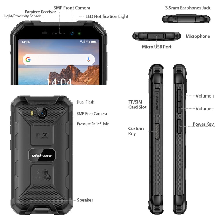 IP68/IP69K 防水防塵防震，臉部識別，4000mAh 電池，5.0 吋 Android 9.0 MTK6580A/W 四核心最高 1.3GHz，網路：3G，Armor X6 2GB+16GB