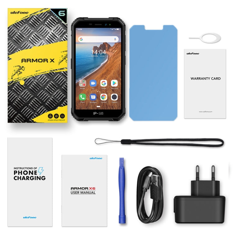 IP68/IP69K 防水防塵防震，臉部識別，4000mAh 電池，5.0 吋 Android 9.0 MTK6580A/W 四核心最高 1.3GHz，網路：3G，Armor X6 2GB+16GB
