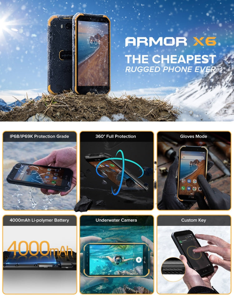 IP68/IP69K 防水防塵防震，臉部識別，4000mAh 電池，5.0 吋 Android 9.0 MTK6580A/W 四核心最高 1.3GHz，網路：3G，Armor X6 2GB+16GB