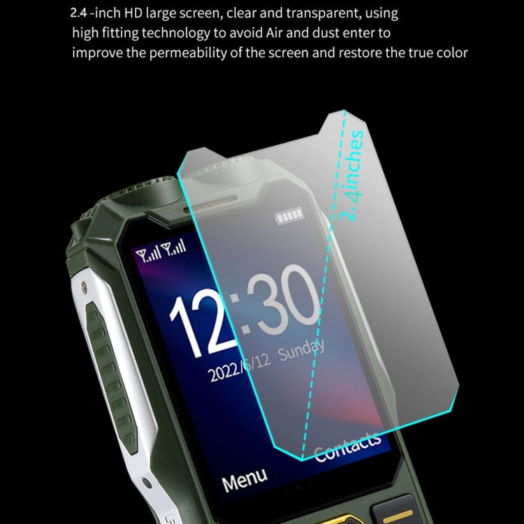 防水防震防塵，16800mAh 電池，2.4 吋，21 鍵，藍牙，LED 手電筒，FM，SOS，雙 SIM，網路：2G，Q8 2G