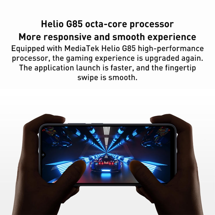 5000mAh 電池，臉部 ID 與指紋辨識，6.71 吋 MIUI 13 MediaTek Helio G85 八核心最高 2.0GHz，網路：4G，雙 SIM，不支援 Google Play，4GB+128GB