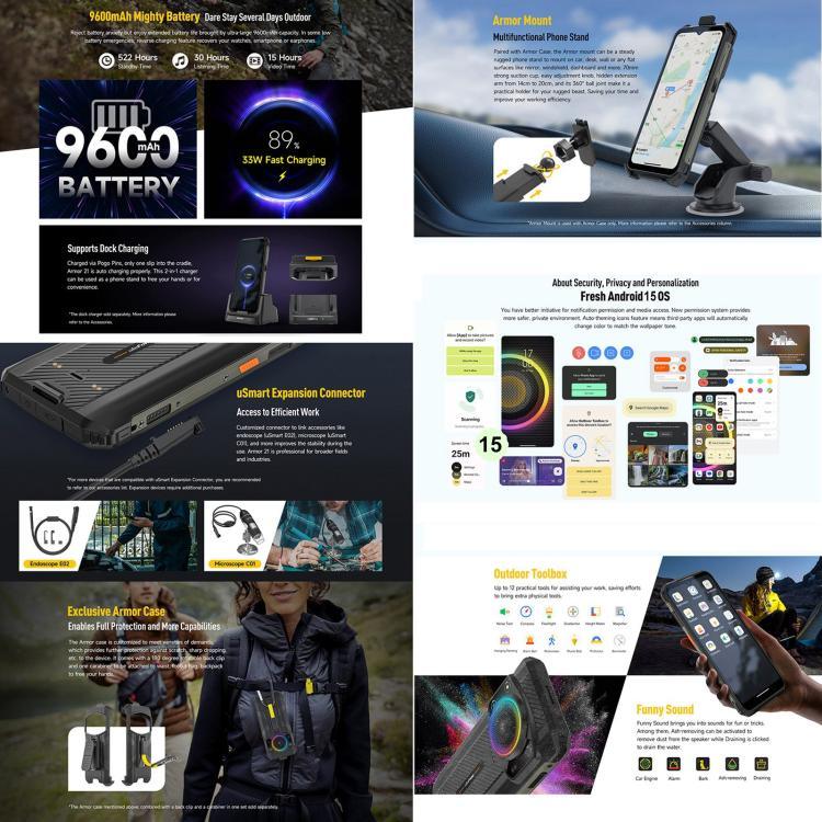 雙後置鏡頭，IP68/IP69K 防水防塵防震，臉部 ID 與指紋識別，6.58 吋 Android 13 MediaTek Helio G99 八核心最高 2.2GHz，網絡：4G，OTG，NFC，全球版含 Google Play，Armor 21