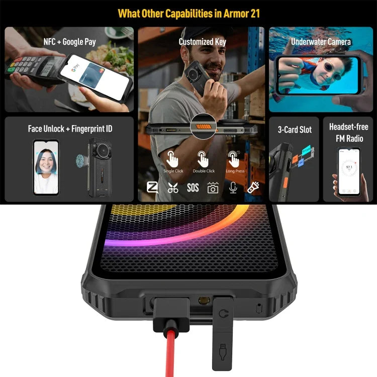 雙後置鏡頭，IP68/IP69K 防水防塵防震，臉部 ID 與指紋識別，6.58 吋 Android 13 MediaTek Helio G99 八核心最高 2.2GHz，網絡：4G，OTG，NFC，全球版含 Google Play，Armor 21