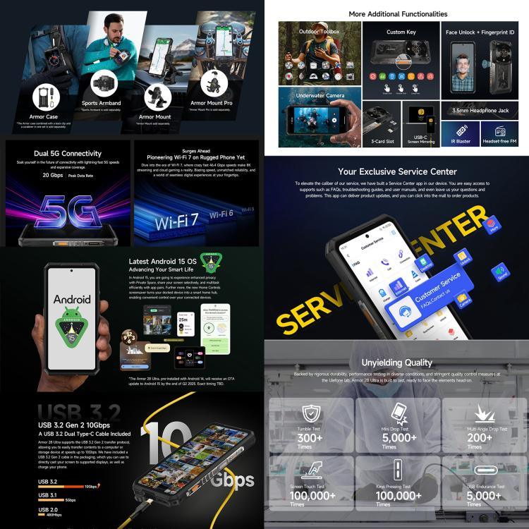 Ulefone Armor 28 Ultra 防護型手機，16GB+1TB，夜視，10600mAh，6.67 吋 Android 14 MediaTek Dimensity 9300+ 八核心，網絡：5G，NFC，Armor 28 Ultra