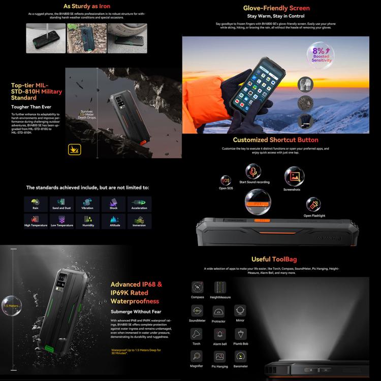 Blackview BV4800 SE 防護型手機，4GB+64GB，6.56 吋 Android 15 UMS9320E T615 八核心，網絡：4G，OTG，NFC，BV4800 SE 4GB+64GB