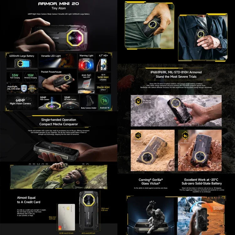 Ulefone Armor Mini 20，夜視，8GB+256GB，IP68/IP69K 耐用手機，4.7 吋 Android 14 聯發科 Dimensity 6300 八核心，網路：4G，NFC，OTG，Armor Mini 20