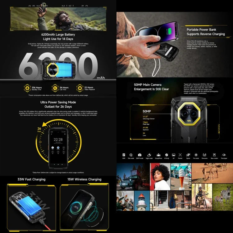 Ulefone Armor Mini 20，夜視，8GB+256GB，IP68/IP69K 耐用手機，4.7 吋 Android 14 聯發科 Dimensity 6300 八核心，網路：4G，NFC，OTG，Armor Mini 20