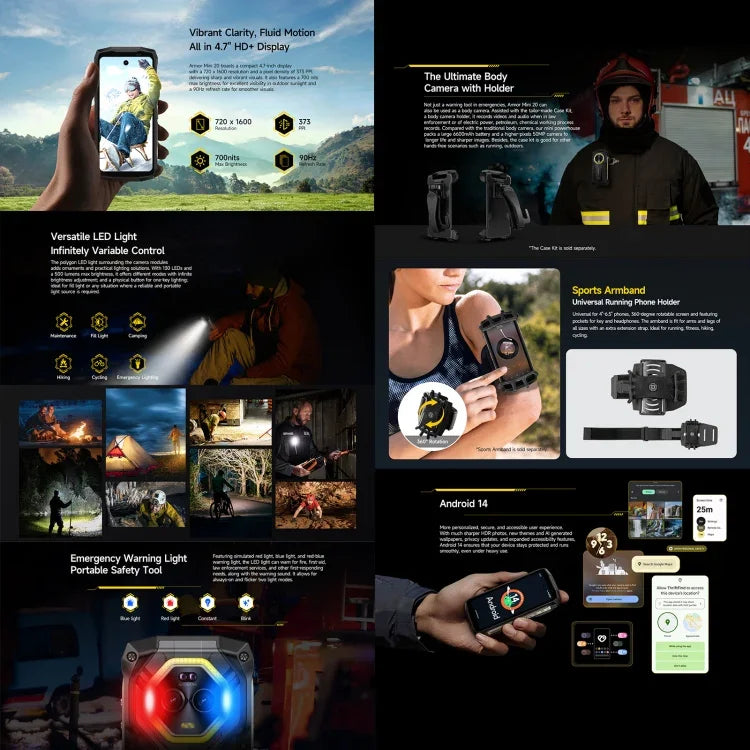Ulefone Armor Mini 20，夜視，8GB+256GB，IP68/IP69K 耐用手機，4.7 吋 Android 14 聯發科 Dimensity 6300 八核心，網路：4G，NFC，OTG，Armor Mini 20